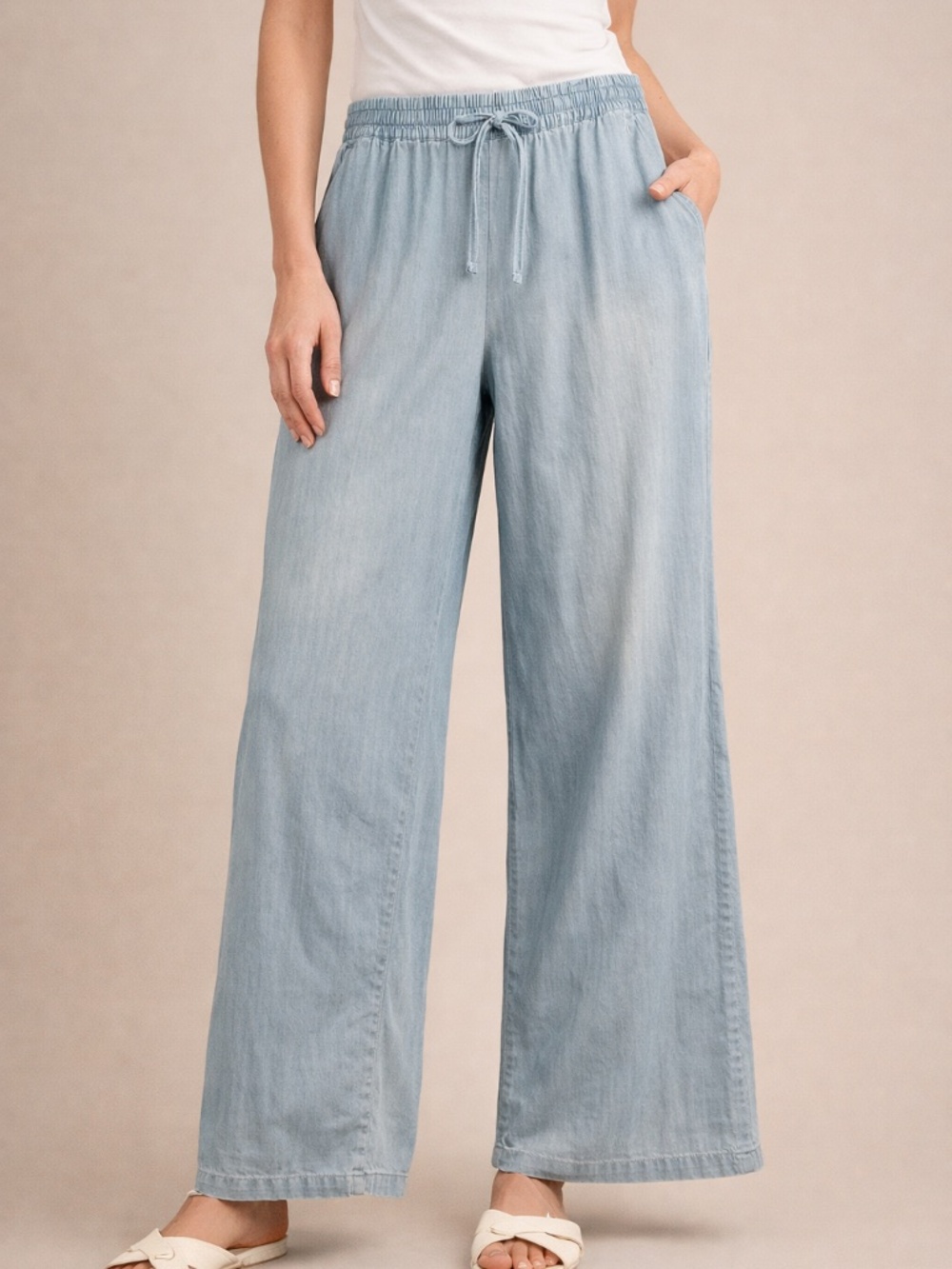 Garnet Hill Chambray Tencel Cotton Wide Leg Pull On Pants L